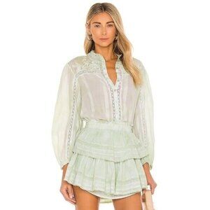 LoveShackFancy Ronda Embroidered Lace Trim Blouse in Jade Mist Hand Dye